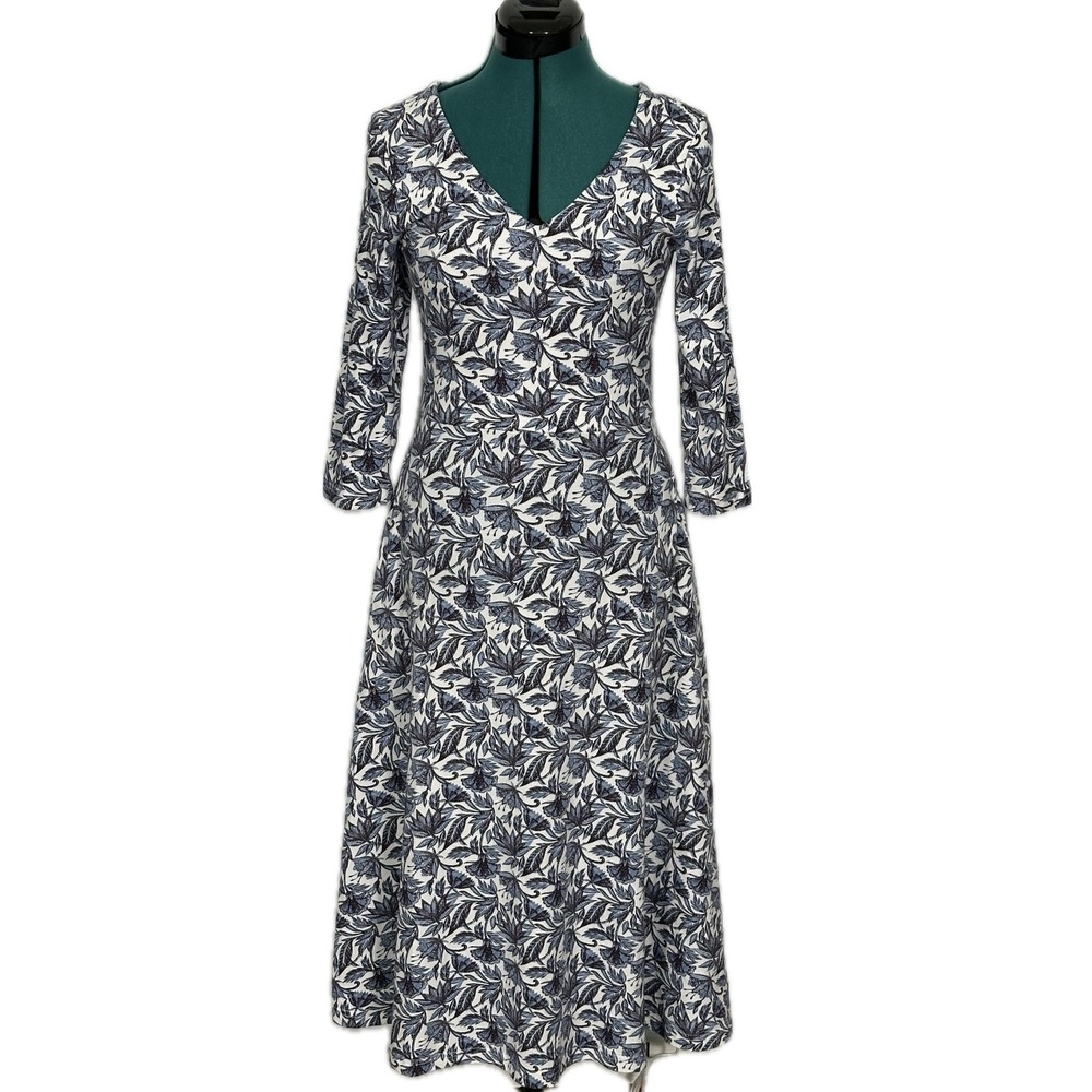 Pact Fit & Flare Dress Organic Cotton Floral V-Neck M White Blue Sustainable